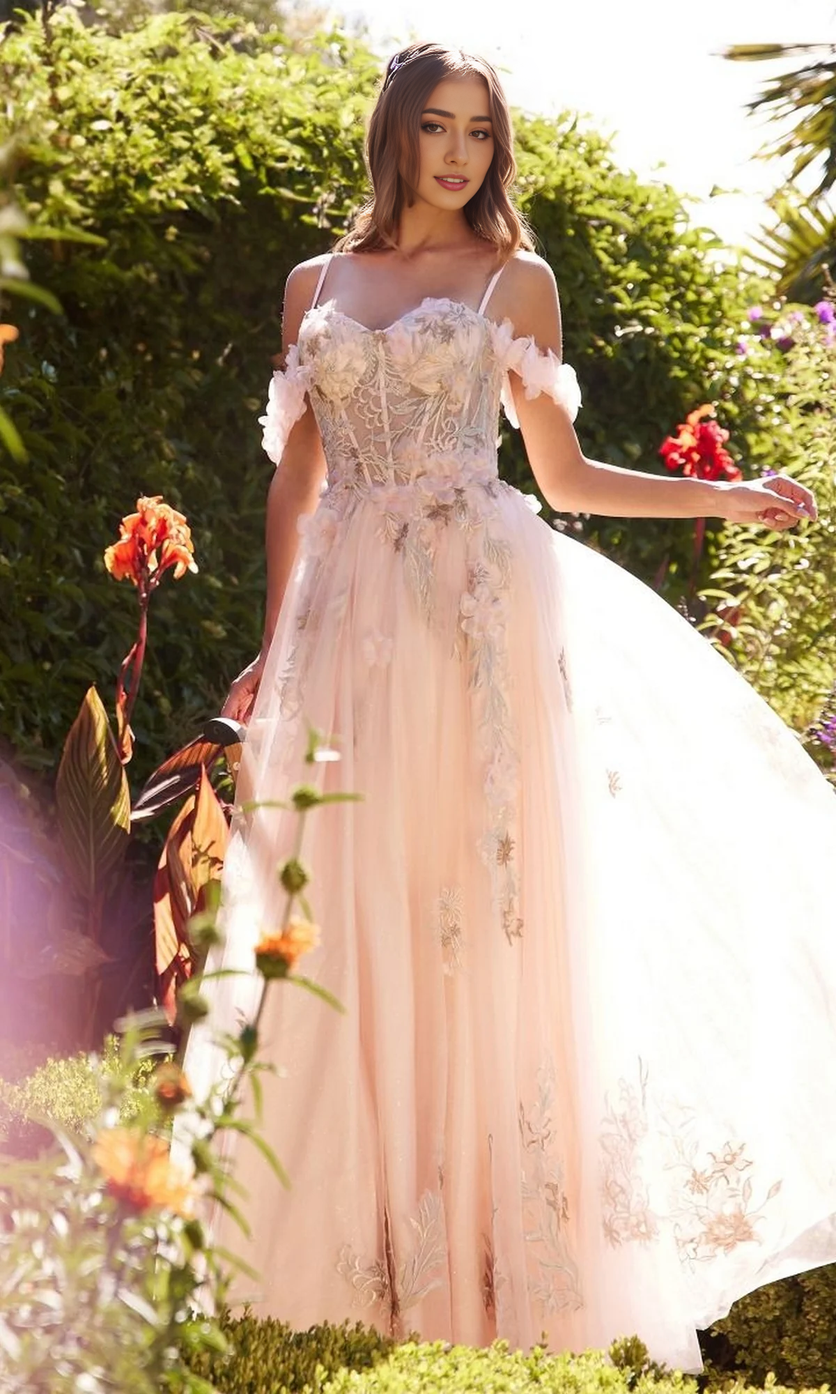 OKBBN's beautiful and elegant thin shoulder strap applique chiffon dance dress