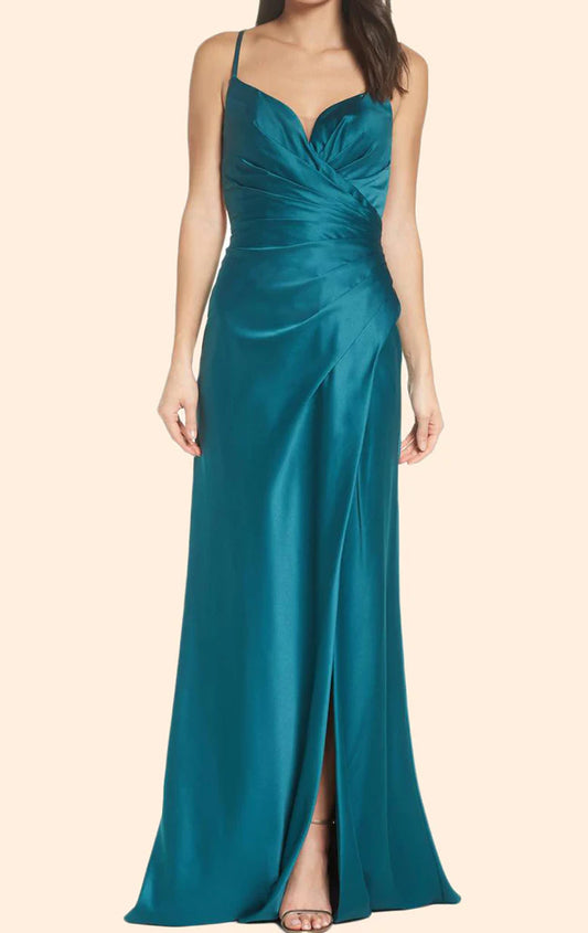 OKBBN V-neck Long Satin Ball Dress with Strap