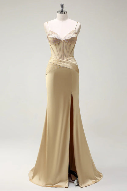 OKBBN Mermaid Strap Waist Beaded Split Long Ball Dress