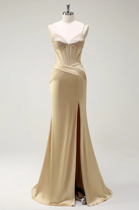 OKBBN Mermaid Strap Waist Beaded Split Long Ball Dress
