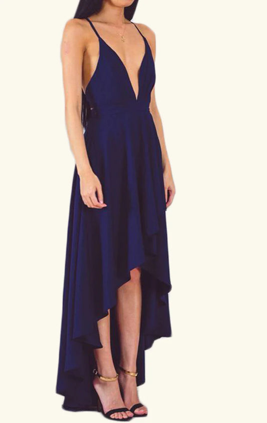 OKBBN deep V-neck high-low thin shoulder strap formal ball dress
