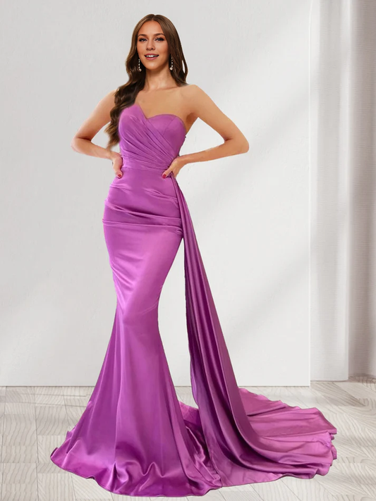 OKBBN trumpet shaped mermaid shaped single shoulder pleated evening gown