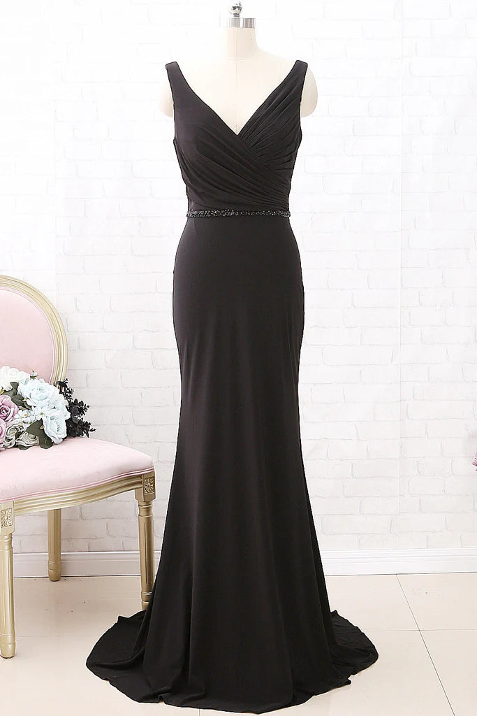 OKBBN Strap V-neck Mermaid Extra Long Plain Knitted Formal Ball Dress