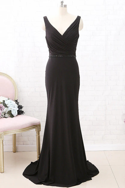 OKBBN Strap V-neck Mermaid Extra Long Plain Knitted Formal Ball Dress