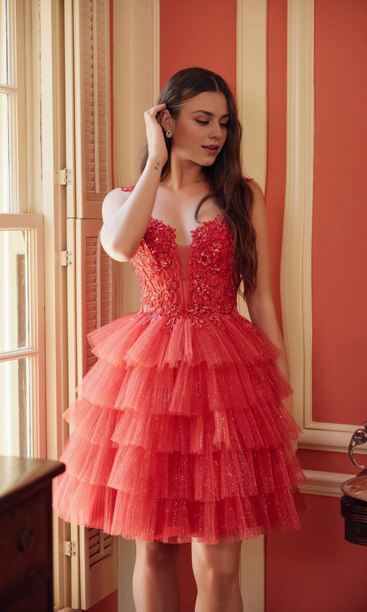 OKBBN sequined chiffon ruffle edge tight corset A-line deep V-neck Homecoming Dresses
