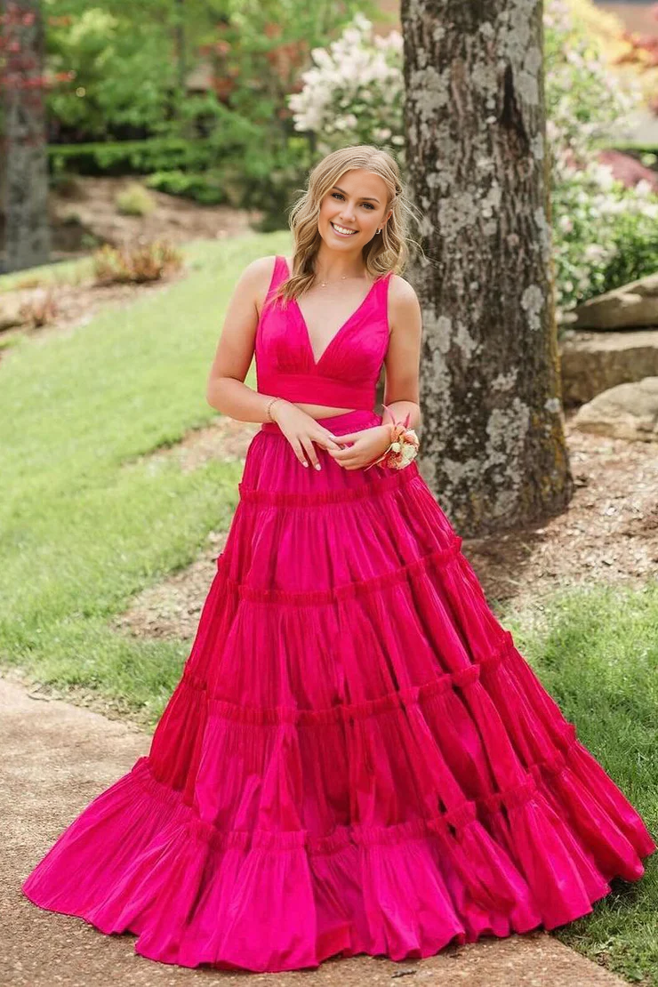 OKBBN Beautiful V-neck Satin Long Ball Dress