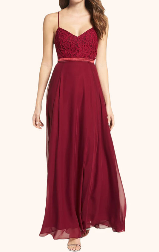 OKBBN Strap V-neck Lace Chiffon Long Ball Dress