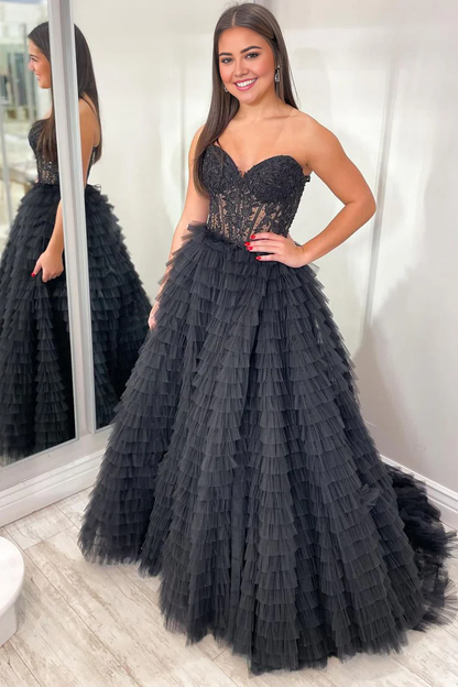 OKBBN applique off shoulder ruffle edge layered chiffon long dance dress
