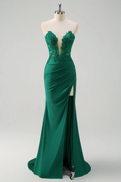 OKBBN mermaid tight corset pleated long slit dance dress