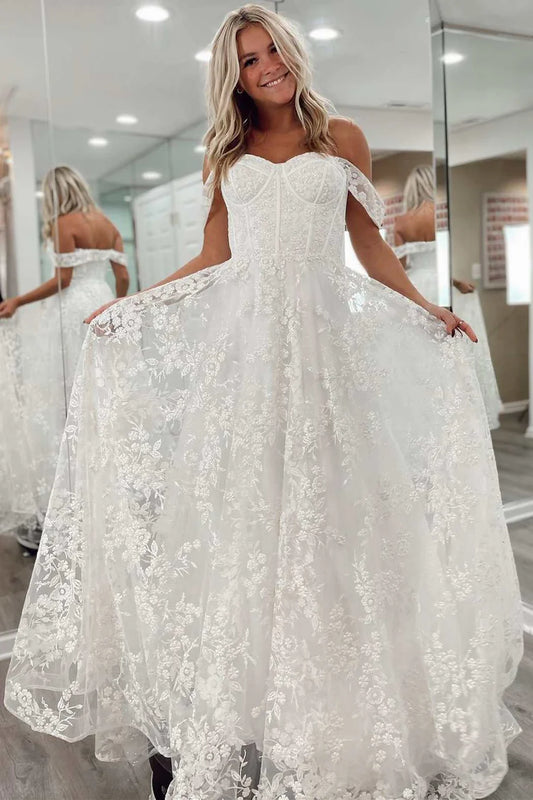 Floral Lace Off-the-Shoulder A-Line Bridal Gown