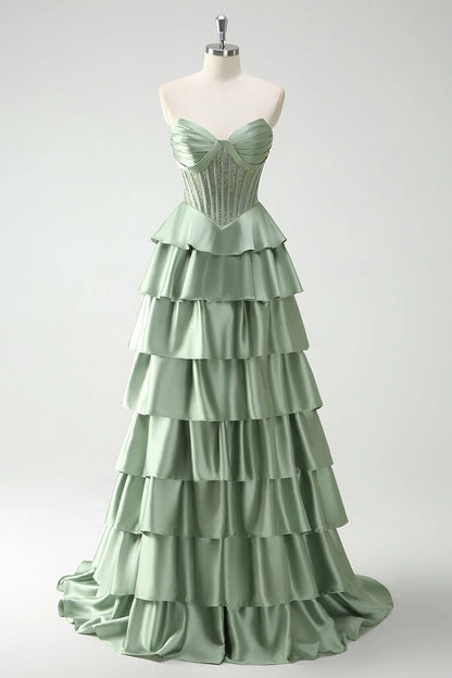 OKBBN satin layered corset long slit evening gown