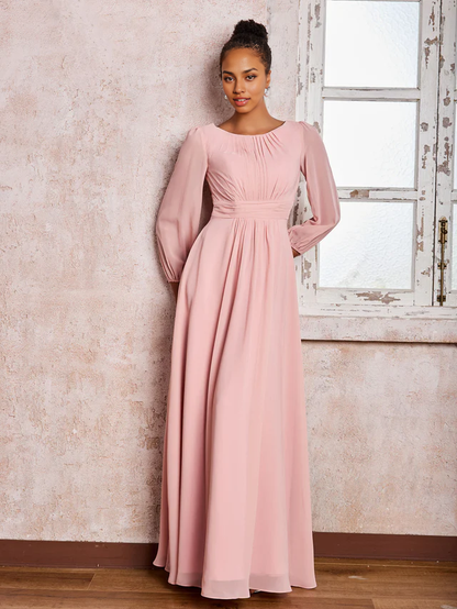 OKBBN boat collar long sleeved pleated A-line chiffon bridesmaid dress
