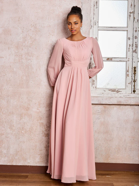OKBBN boat collar long sleeved pleated A-line chiffon bridesmaid dress
