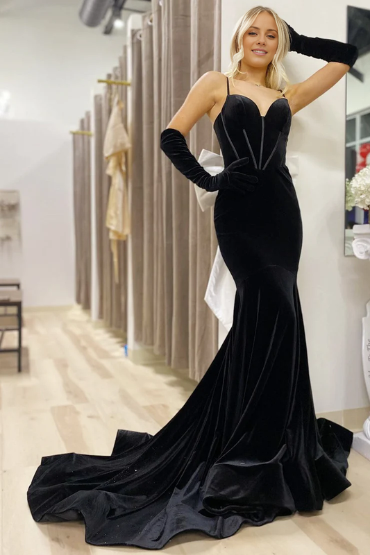 OKBBN Charming Mermaid Thin Strap Bow Back Velvet Long Ball Dress