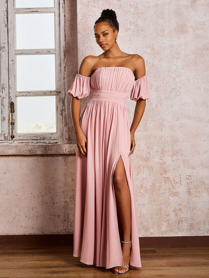 OKBBN square chiffon slit bridesmaid dress with floating sleeves