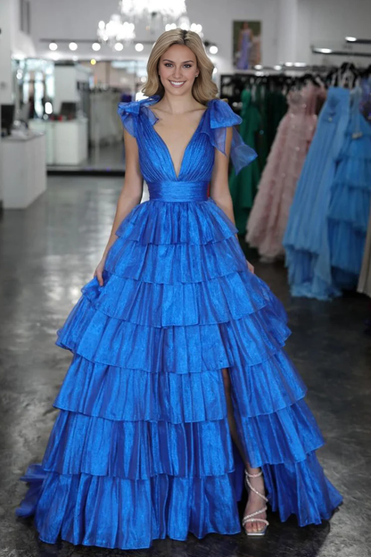 OKBBN A-line V-neck layered satin long ball gown