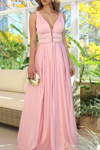 OKBBN Elegant Strap V-neck Satin Long Formal Ball Dress