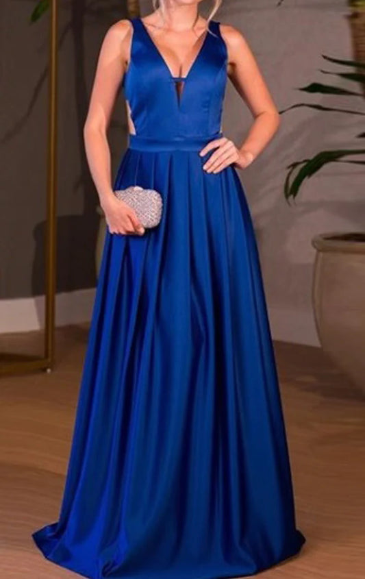 OKBBN Deep V-neck Satin Long Formal Ball Dress