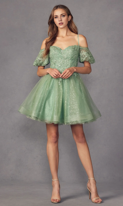 OKBBN Shiny Short Embroidered Heart Shaped Tight Corset Tulle Homecoming Dress