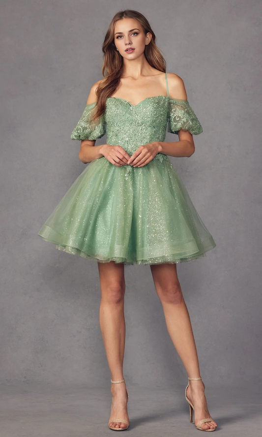 OKBBN Shiny Short Embroidered Heart Shaped Tight Corset Tulle Homecoming Dress