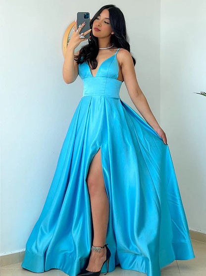 OKBBN A-line elegant slim shoulder strap satin sleeveless ruffled and floor dance dress