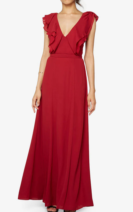 OKBBN V-neck Chiffon Long Ruffle Ball Dress with Strap