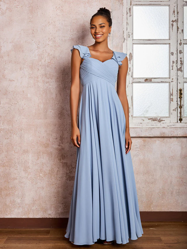 OKBBN ruffled shoulder strap long chiffon bridesmaid dress