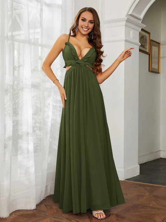 OKBBN thin shoulder strap ruffle edge chiffon hollow out ultra long sexy bridesmaid dress