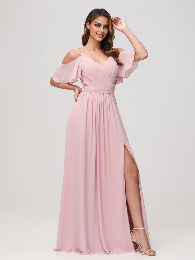 OKBBN off shoulder A-line pleated chiffon shorts bridesmaid dress