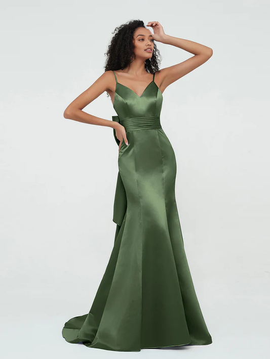 OKBBN thin shoulder strap satin mermaid bridesmaid dress