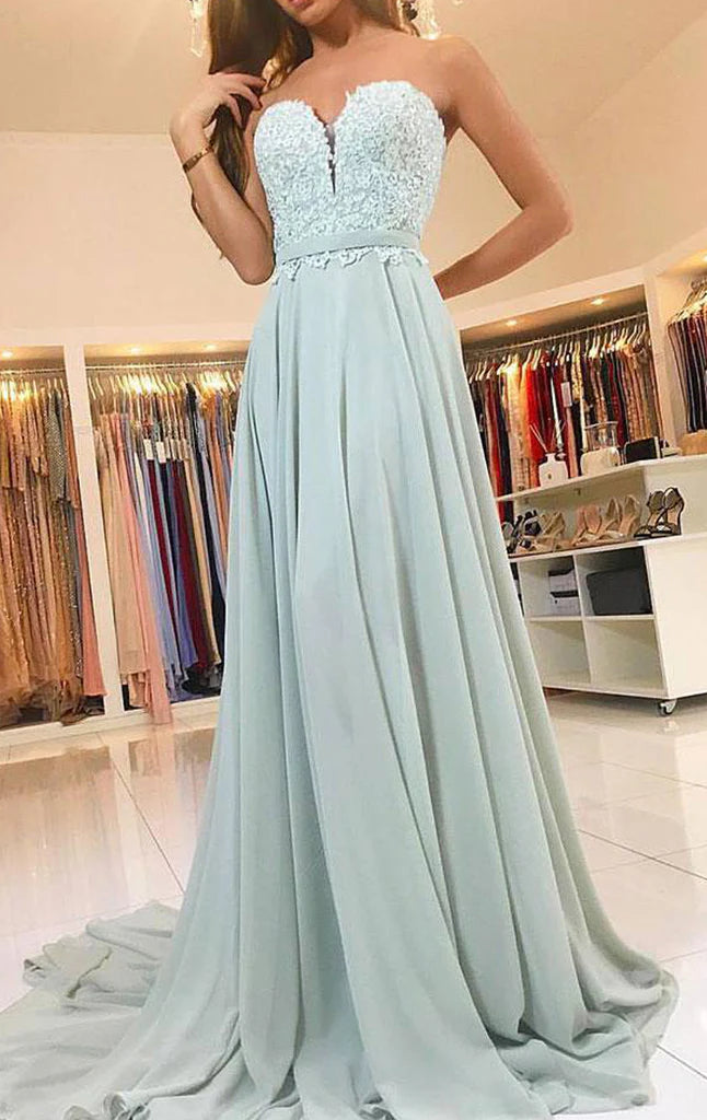 OKBBN Strapless Lace Chiffon Long Formal Ball Dress