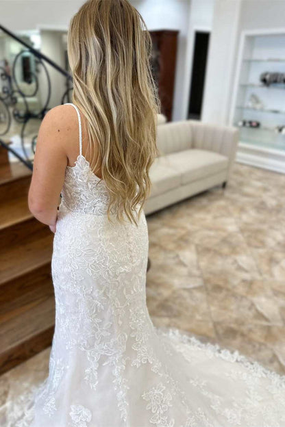 Floral Lace Plunge V Backless Mermaid Long Wedding Dress