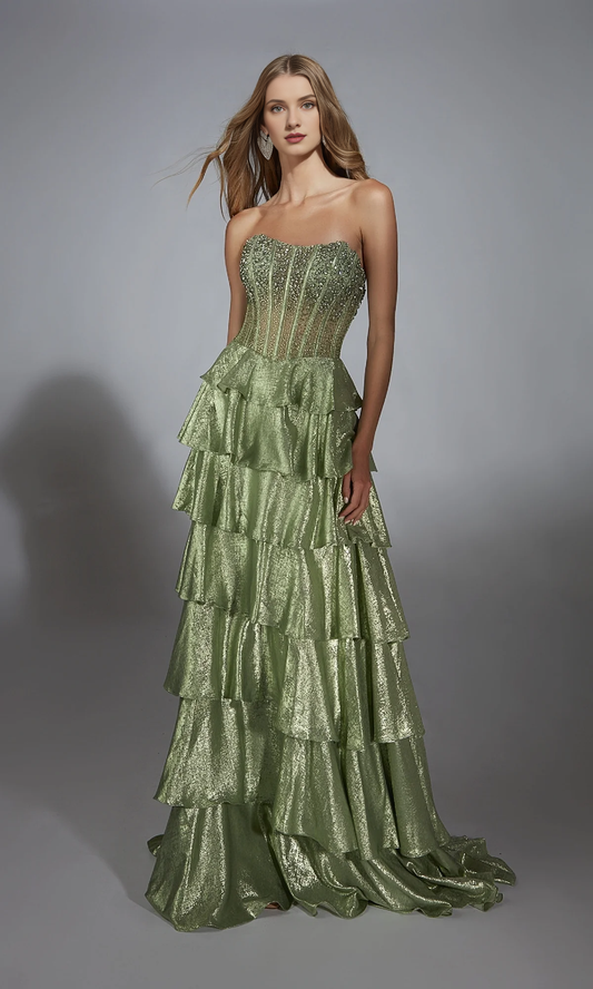 OKBBN strapless long layered A-line tight corset ball dress