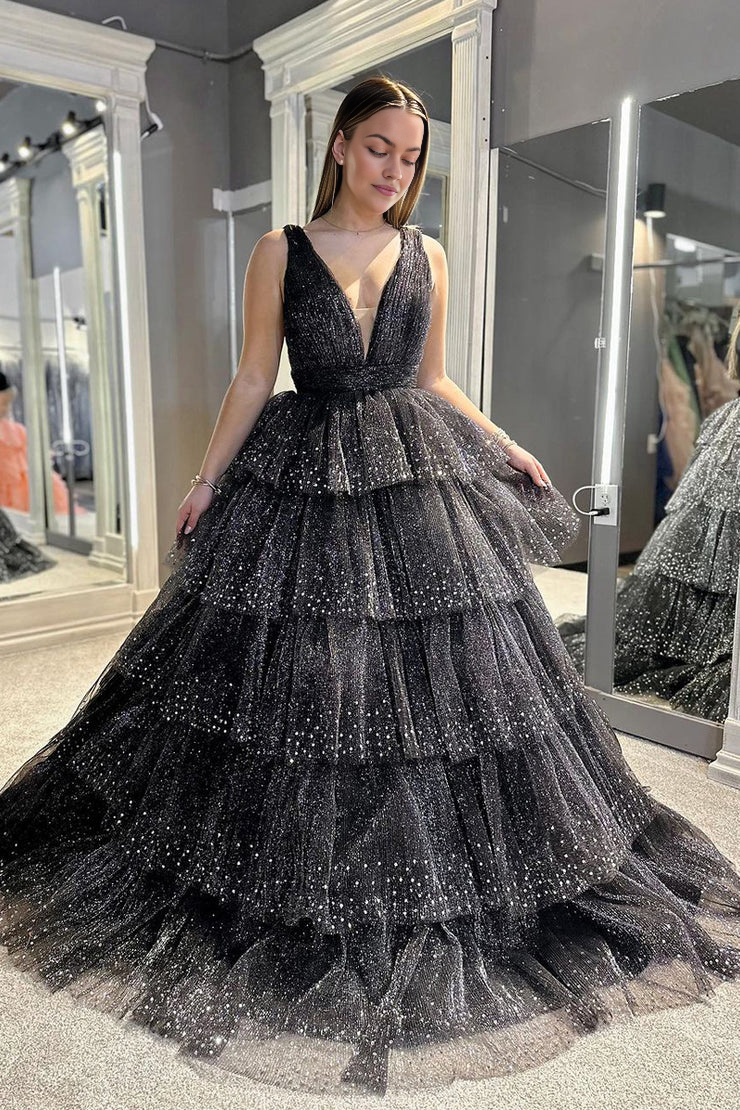 OKBBN Shiny A-line V-neck Ruffle Layered Long Ball Dress