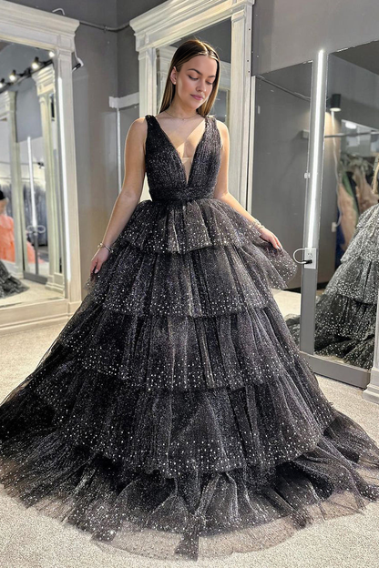 OKBBN Shiny A-line V-neck Ruffle Layered Long Ball Dress