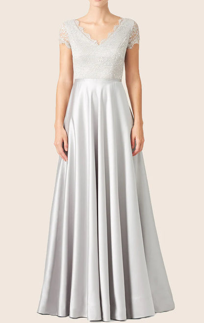 OKBBN Sleeved Lace Satin Formal Ball Dress