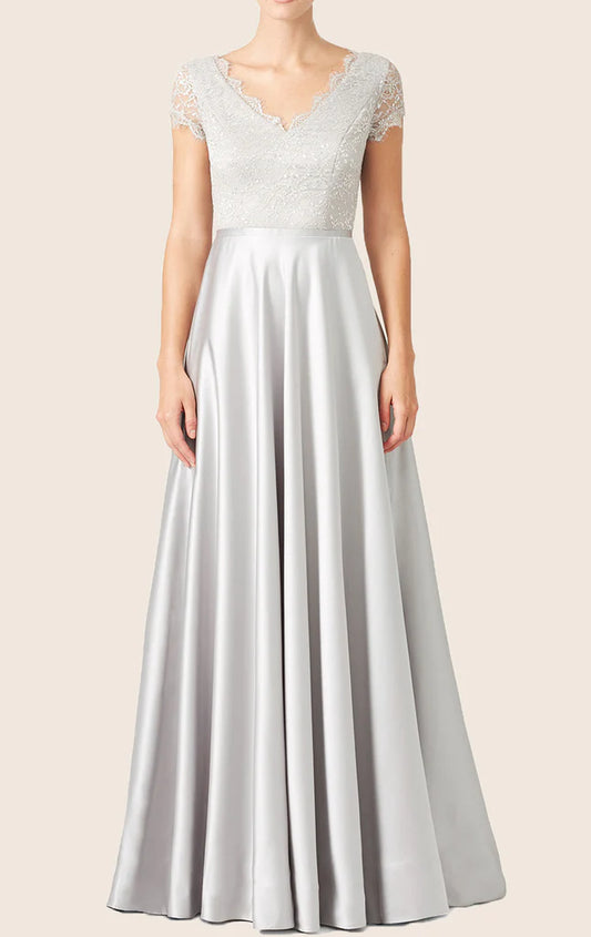 OKBBN Sleeved Lace Satin Formal Ball Dress