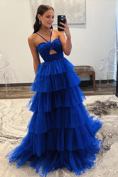 OKBBN Cute A-line Lock Hole Sweetheart Layered Chiffon Long Ball Dress