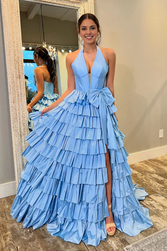 OKBBN Cute A-line V-neck Layered Long Ball Dress