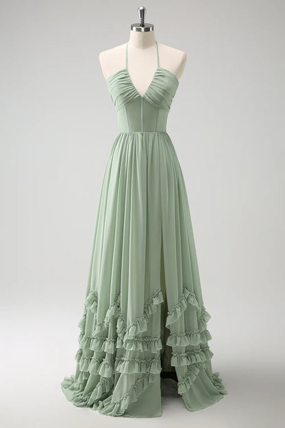 OKBBN elegant A-line backless pleated chiffon lotus leaf side length slit Bridesmaid Dresses