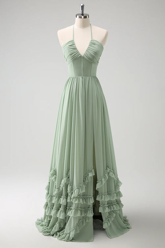 OKBBN elegant A-line backless pleated chiffon lotus leaf side length slit Bridesmaid Dresses