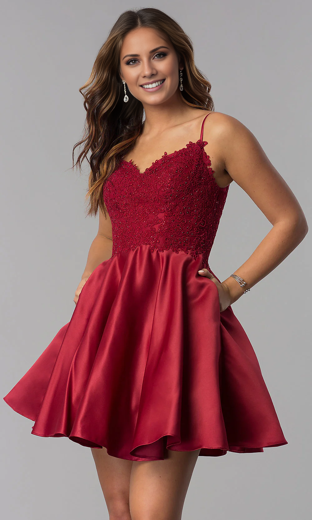 OKBBN Embroidered Lace Stickers Short V-neck Tight Corset Homecoming Dress