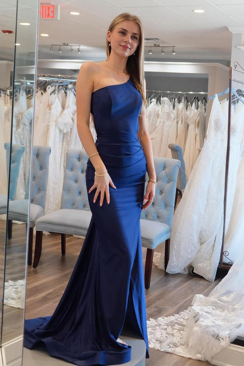 OKBBN A Simple Mermaid One Shoulder Satin Long Ball Dress