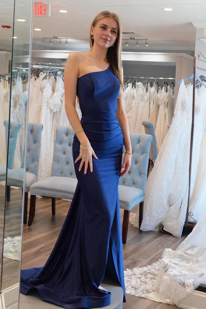 OKBBN A Simple Mermaid One Shoulder Satin Long Ball Dress