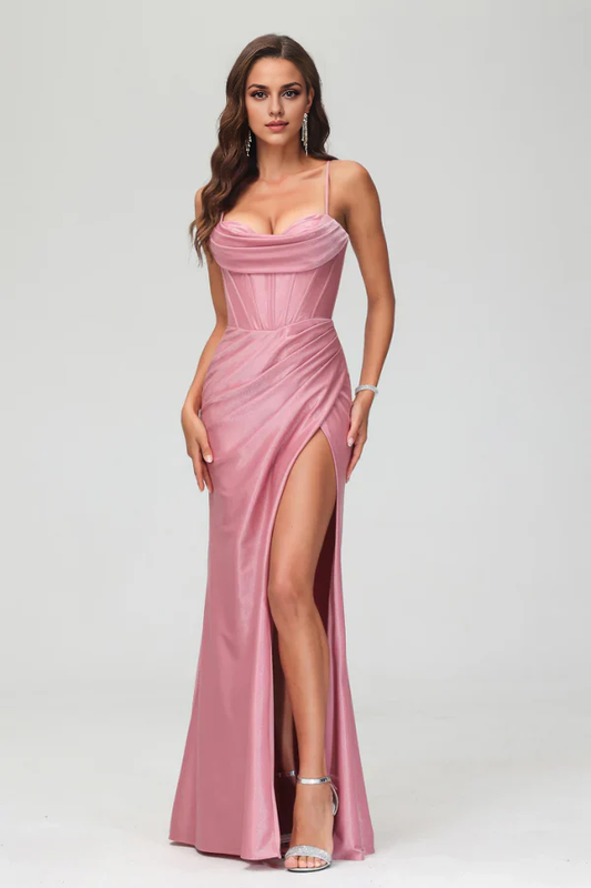 OKBBN minimalist tight fitting off shoulder suspender sleeveless pleated high side slit dance dress