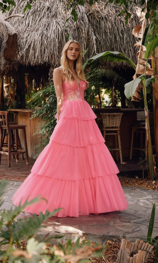 OKBBN elegant long ruffled chiffon A-line layered ball gown
