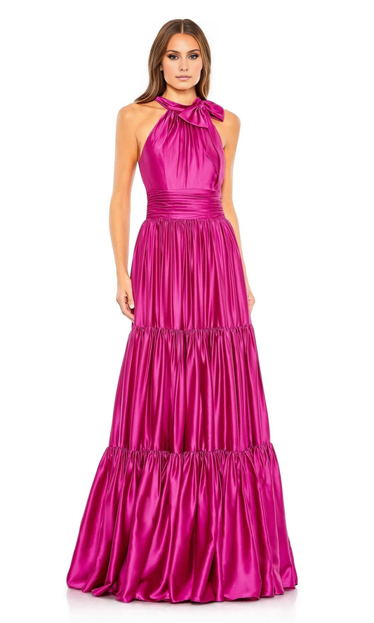 OKBBN High Neck Satin A-line Lock Hole Back Hollow Ruffle Ball Dress
