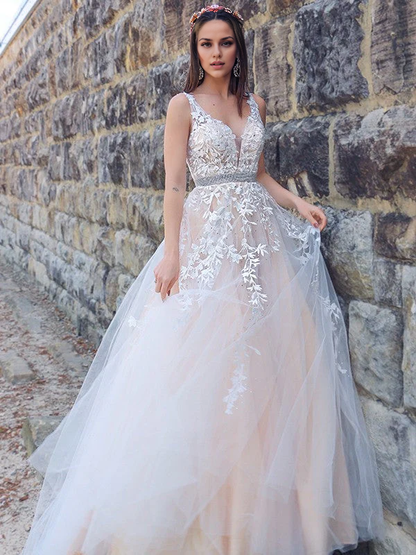 OKBBN A-line elegant applique chiffon sleeveless V-neck ball gown