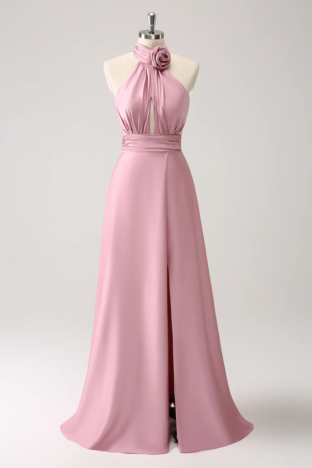 OKBBN A-line backless pleated floral satin slit long ball gown