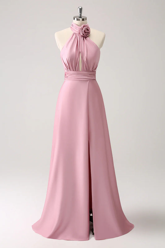 OKBBN A-line backless pleated floral satin slit long ball gown